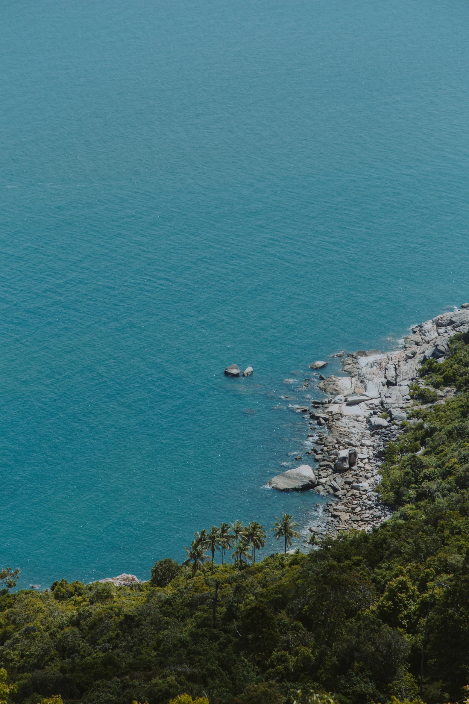 a large body of water sitting on top of a lush green hillside, pexels contest winner, tropical ocean, flat lay, rocky terrain, hong kong