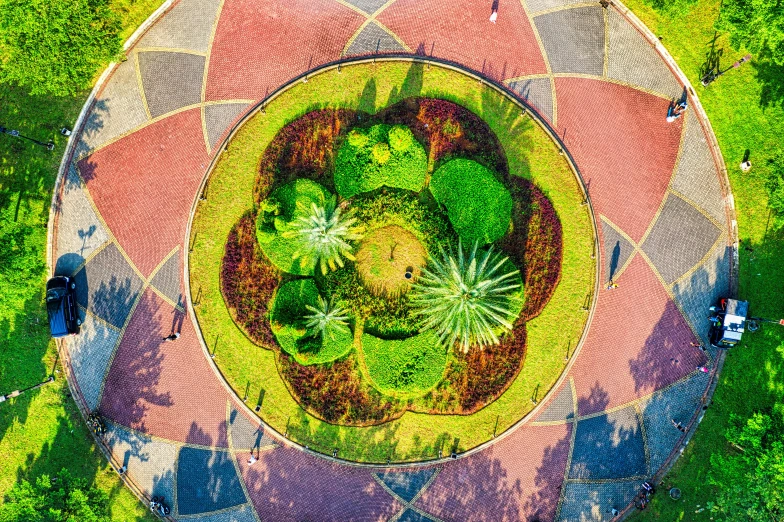 a bird's eye view of a circular garden, a mosaic, pexels contest winner, avatar image, exotic trees, post processed, tourist photo