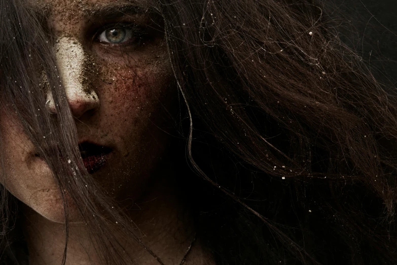 a close up of a woman with dirt on her face, an album cover, by Adam Marczyński, pexels contest winner, renaissance, deviantart artstation, girl with dark brown hair, covered in runes, sparse freckles