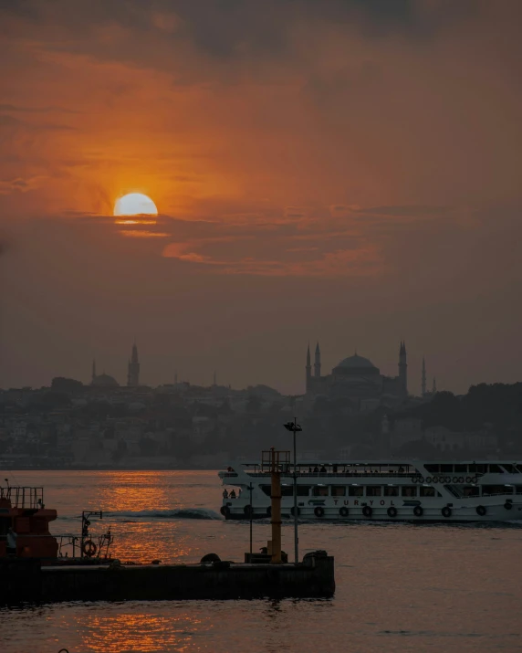 a boat that is sitting in the water, by irakli nadar, pexels contest winner, hurufiyya, sun and shadow over a city, 🚿🗝📝, the fall of constantinople, gif