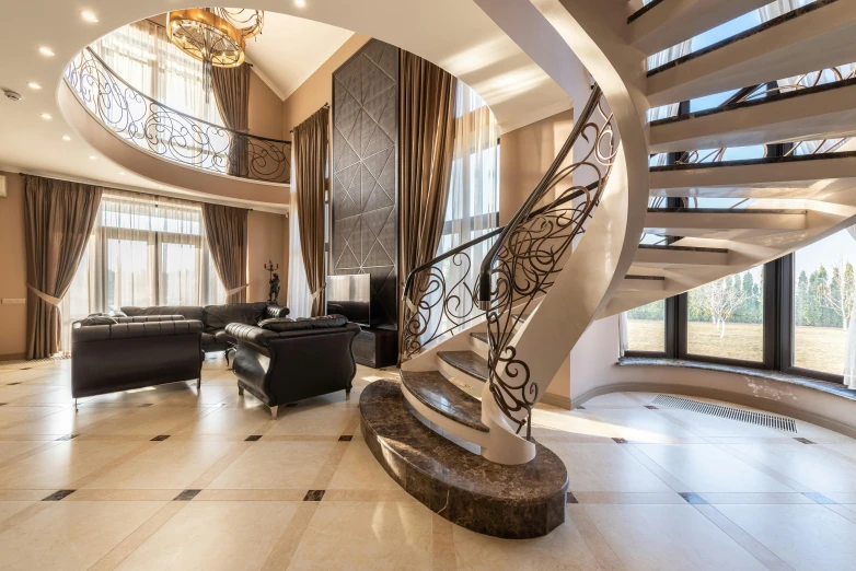 a living room filled with furniture and a spiral staircase, by Alexander Fedosav, pexels contest winner, shiny marble floor, brown and cream color scheme, wide grand staircase, 4 k masterpiece