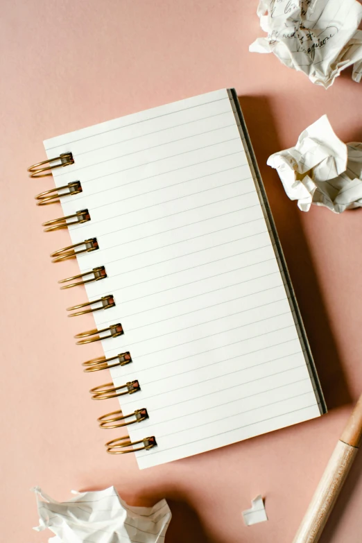 a notepad, pencil and crumpled paper on a pink surface, by Julia Pishtar, pexels, happening, rose gold heart, thumbnail, back towards camera, portrait photo