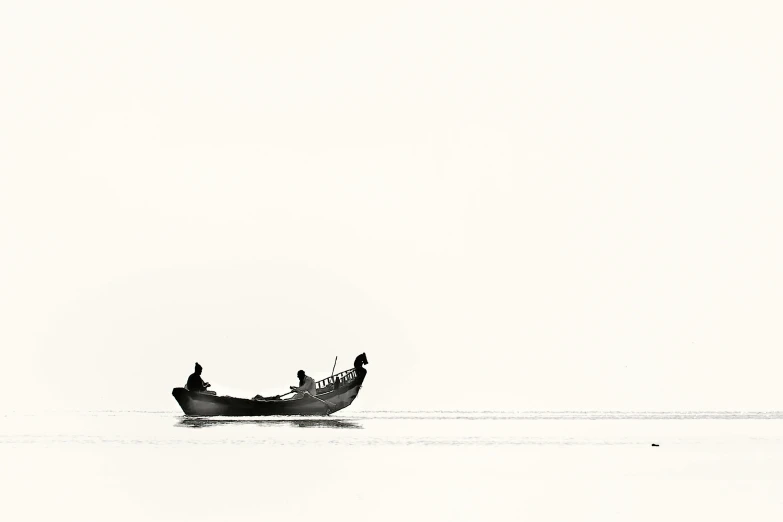 a black and white photo of two people in a boat, by Ibrahim Kodra, minimalism, assamese, artwork, 1 6 x 1 6, fishing