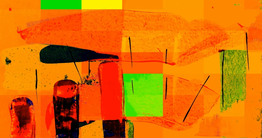 a painting with orange, green, and red colors, flickr, lyrical abstraction, posterized, squares, trending on saatchi art, farming