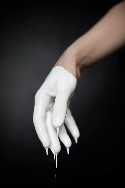 a close up of a person's hand holding a knife, a hyperrealistic painting, inspired by Robert Mapplethorpe, unsplash, plasticien, white facepaint, singularity sculpted �ー etsy, rubber latex, closed hands