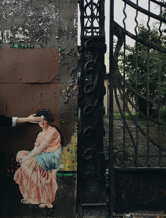 a man and a woman standing in front of a gate, a colorized photo, by Lucia Peka, street art, monia merlo, hands reaching for her, vitaly bugarov, ilustration