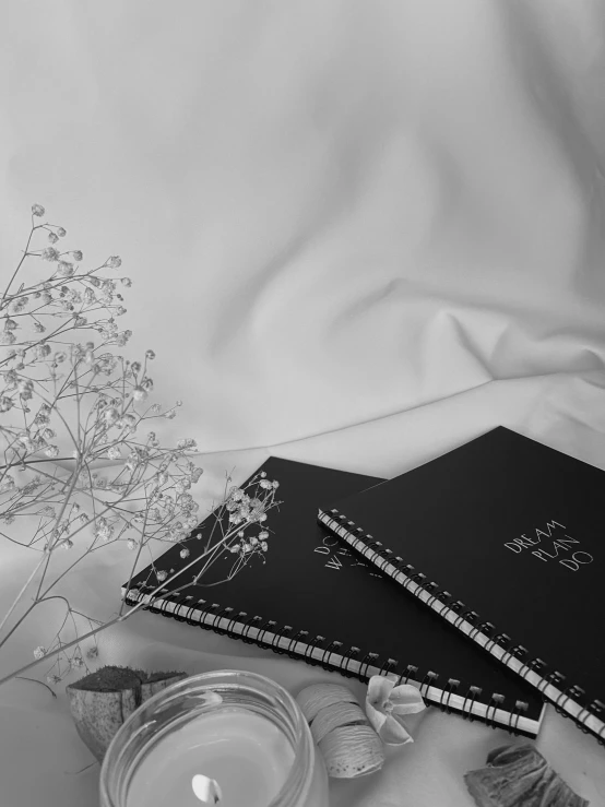 a couple of notebooks sitting on top of a bed, a black and white photo, by Emma Andijewska, unsplash contest winner, visual art, black flowers, promo image, basia tran, snacks