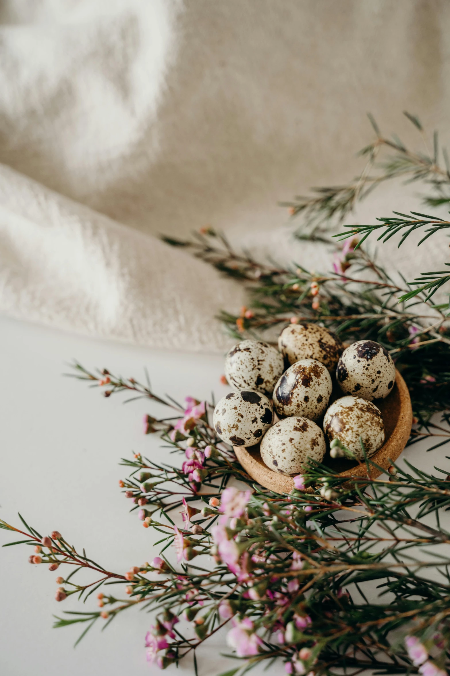 a bowl filled with eggs sitting on top of a table, by Elizabeth Durack, trending on unsplash, baroque, herbs and flowers, white with black spots, cedar, bird view