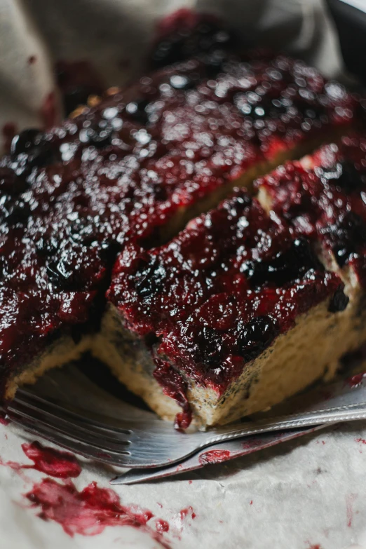 a piece of cake on a plate with a fork, by Justin Sweet, squashed berries, dressed in velvet, cut-away, 4l