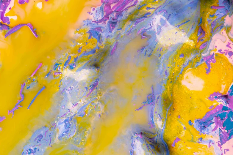 a close up of a painting with yellow and purple paint, heavenly marble, paint spill, some yellow and blue, earth and pastel colors