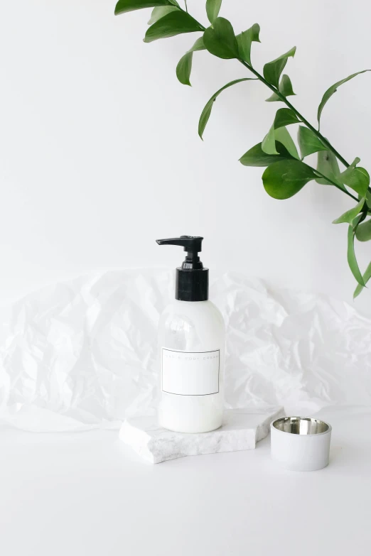 a bottle of lotion sitting on top of a white table, trending on pexels, botanicals, white and black, background image, soap