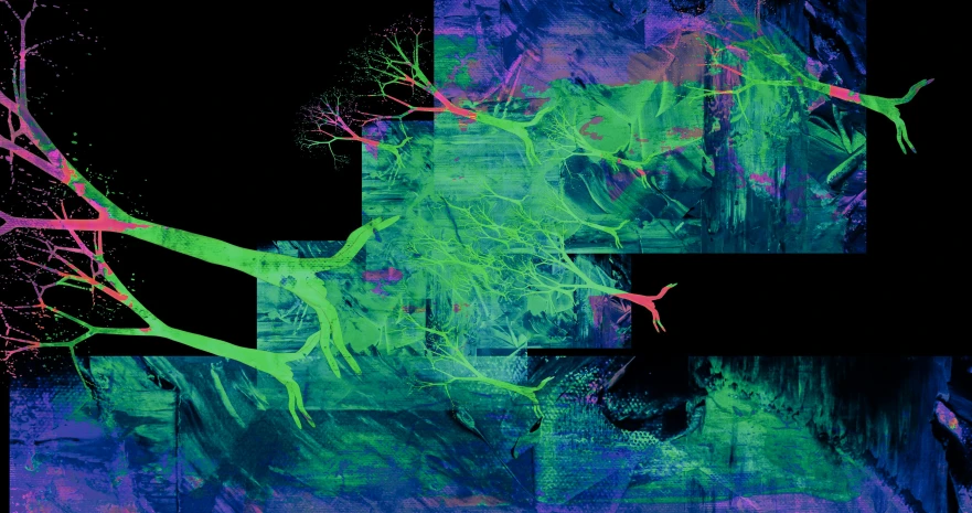 a close up of a painting of a tree, a digital rendering, inspired by Louis Eilshemius, generative art, neon virtual networks, branches composition abstract, xray melting colors, a collage