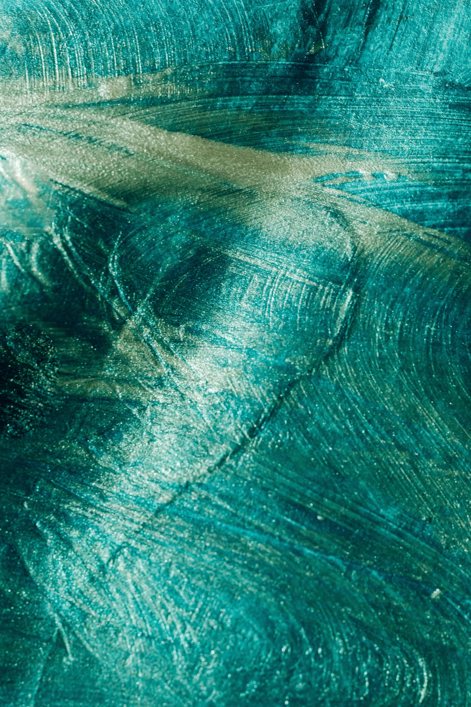 a man riding a surfboard on top of a wave, an ultrafine detailed painting, trending on pexels, abstract art, glistening seafoam, leonardo davinci detail, glass texture, blue bioluminescence