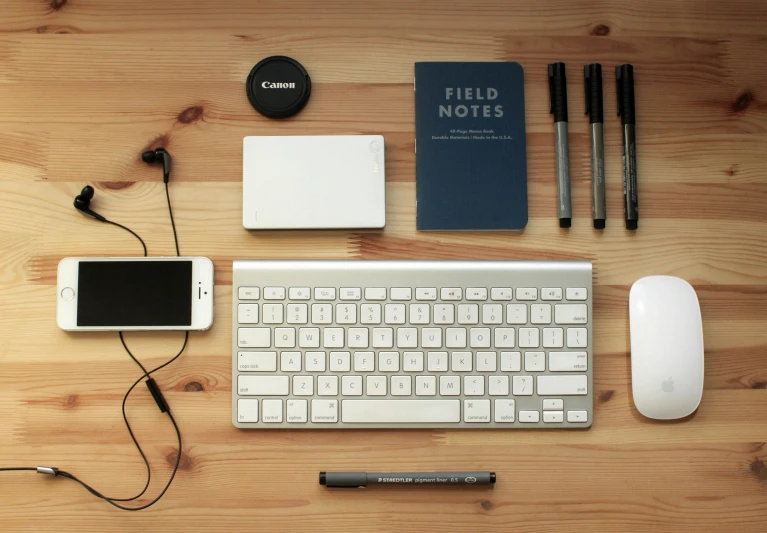 a computer keyboard sitting on top of a wooden table, by Carey Morris, pexels, knolling, field notes, various items, avatar image