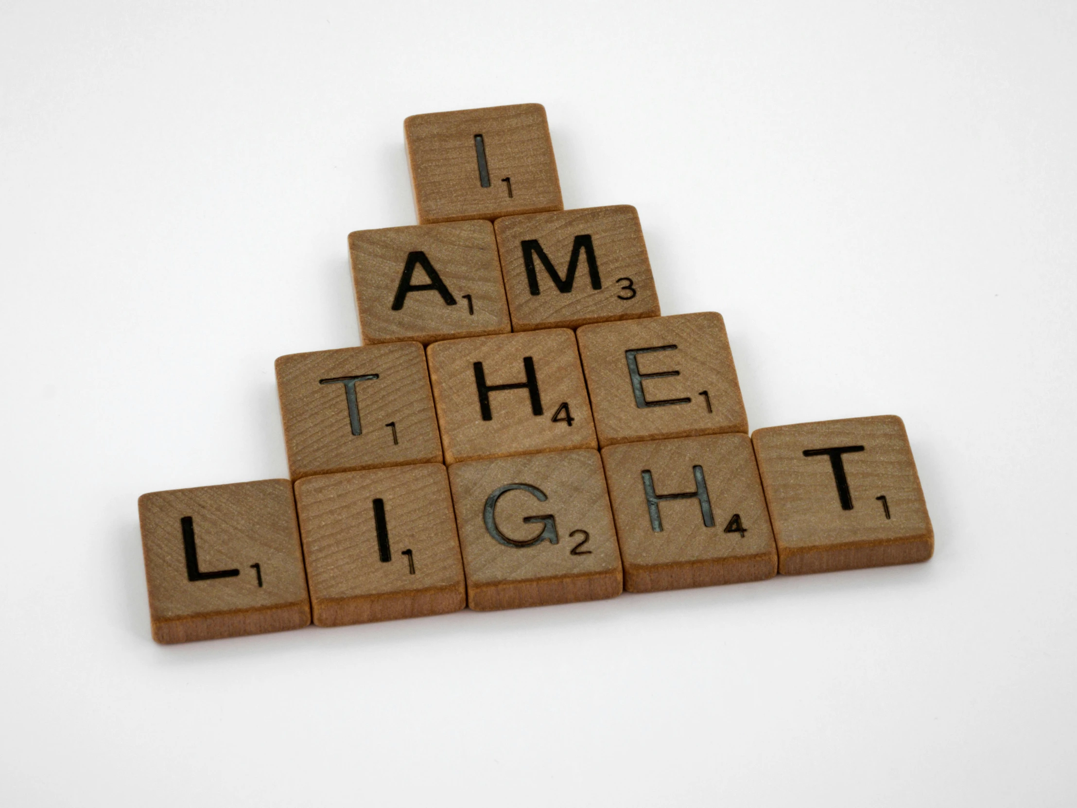 scrabbles spelling i am the light on a white background, a picture, inspired by Ian Hamilton Finlay, pixabay, light and space, dusty volumetric light, light wood, multiple lights, brightly-lit