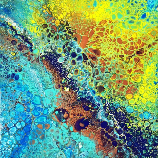an abstract painting with blue, yellow and green colors, a detailed painting, by Leticia Gillett, flickr, abstract art, bubbles of the impossible, earthy, instagram art, coral reef
