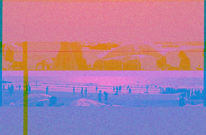 a group of people standing on top of a beach, inspired by Ryoji Ikeda, unsplash, video art, glitch color palette, dayglo pink and blue, some zoomed in shots, vhs distortion