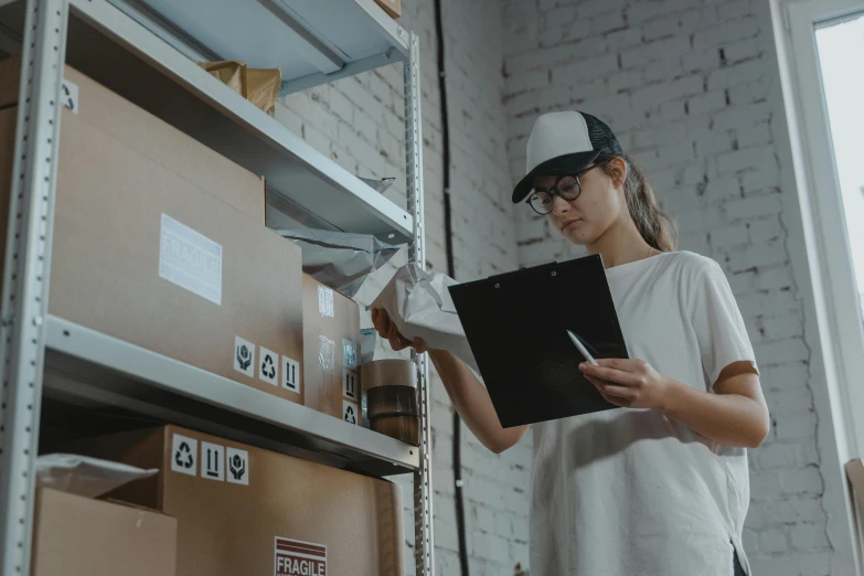 a woman standing in a warehouse holding a clipboard, a cartoon, pexels contest winner, standing on a shelf, avatar image, focused photo, decoration