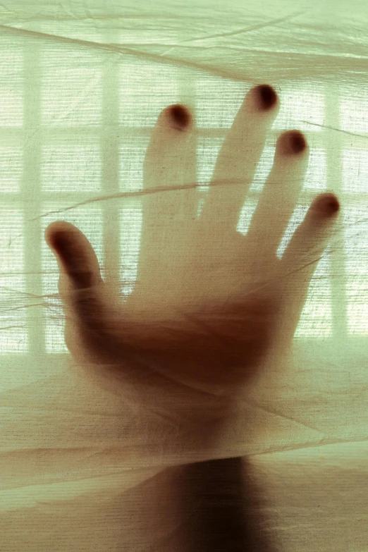 a close up of a person's hand behind a sheered curtain, a picture, inspired by Katia Chausheva, flickr, ilustration, translucent, open palm, promo image