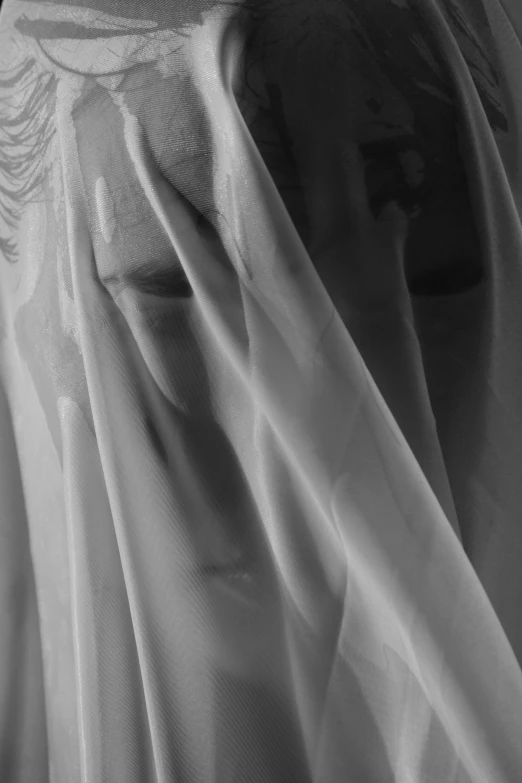 a black and white photo of a woman in a veil, inspired by Eugène Carrière, hyperrealism, abstract claymation, in plastic, morning detail, fully covered in drapes