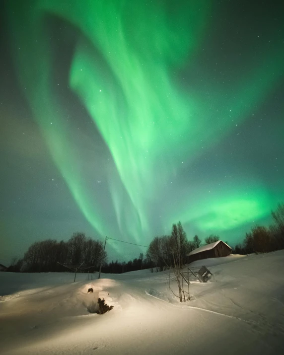 a green aurora bore over a snow covered field, pexels contest winner, hurufiyya, cozy lights, grey, celebration, rustic