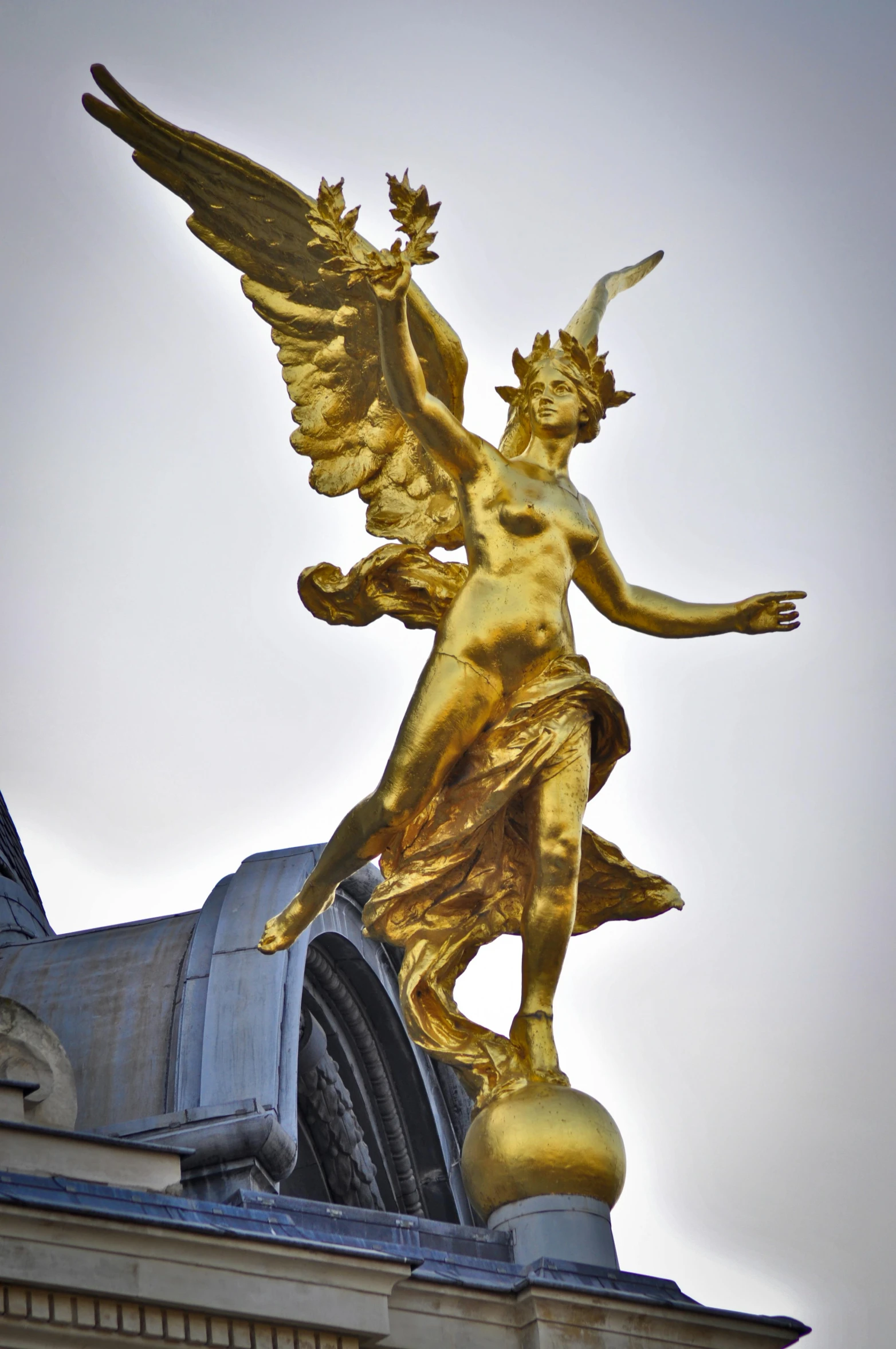 a statue of an angel on top of a building, golden details!, huge glistening muscles, belle epoque, wings spread