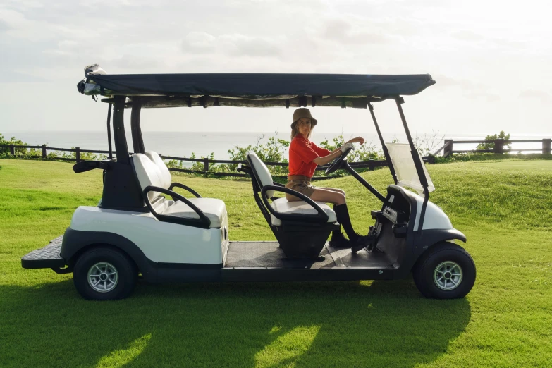 a woman driving a golf cart on a golf course, by Gavin Hamilton, unsplash, big island, avatar image, eva elfie, deus ex machina