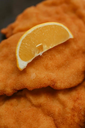 a pile of fried fish with a slice of lemon on top, an album cover, by Andries Stock, flickr, renaissance, chicken nuggets, bottom body close up, calzone zone, taken in 2022