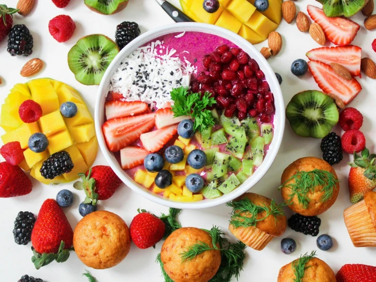 a white bowl filled with fruit next to muffins, pexels contest winner, very colourful, 🦩🪐🐞👩🏻🦳, lush and colorful eclipse, bowl filled with food