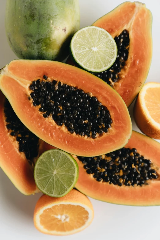 papayas, limes, and oranges on a white surface, pexels, an island made of red caviar, avatar image, organic detail, black and terracotta