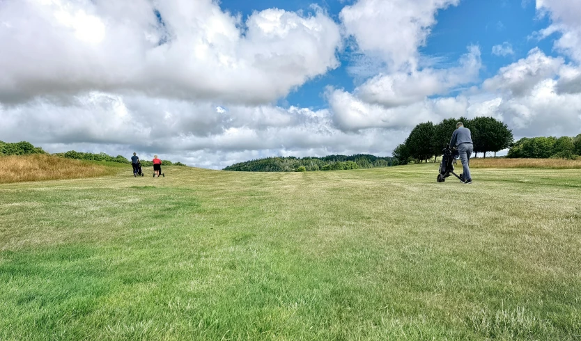 a group of people walking across a lush green field, golf course, profile image, gopro photo