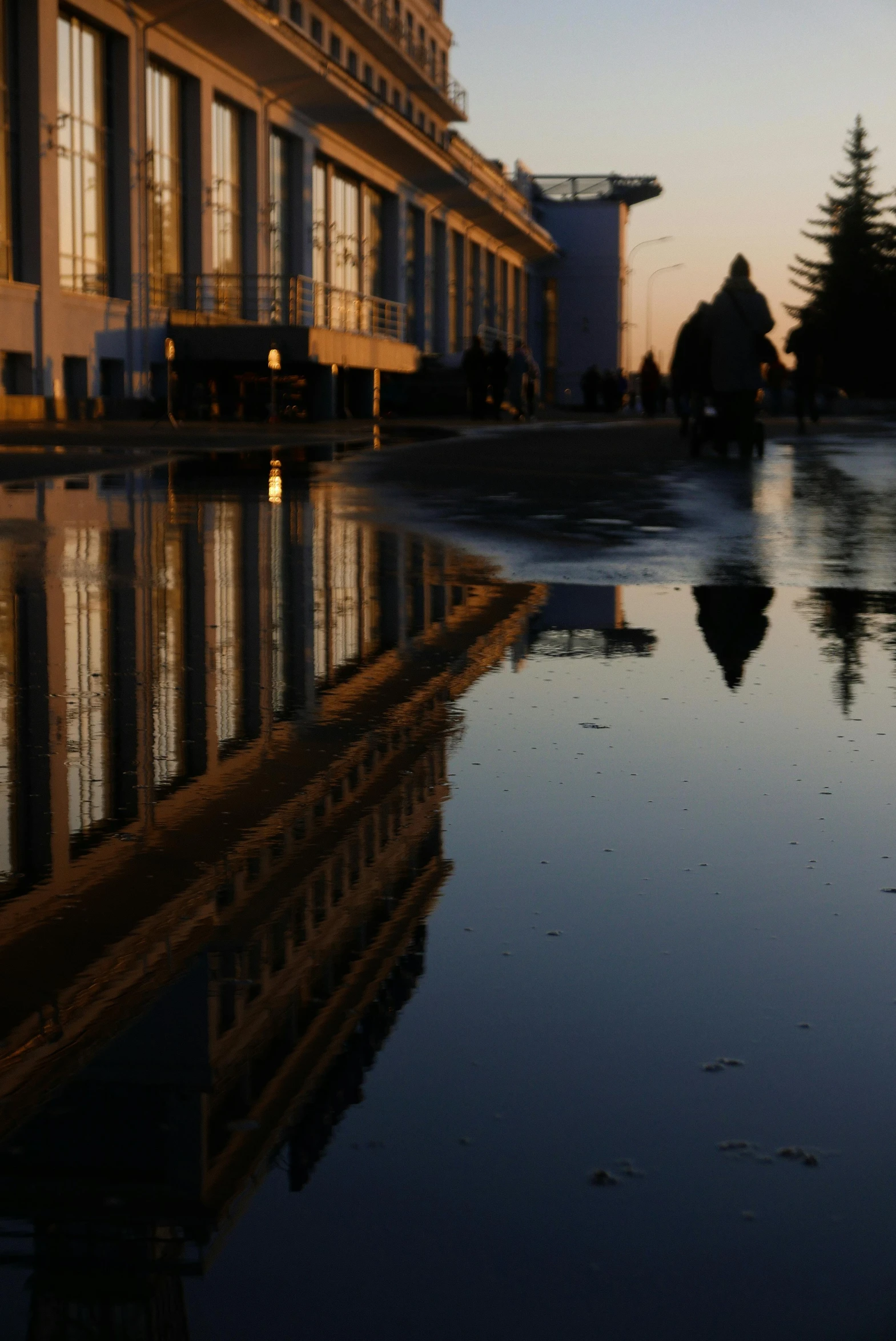 a reflection of a building in a puddle of water, by Ivan Grohar, low sun, street photo, not blurry, square