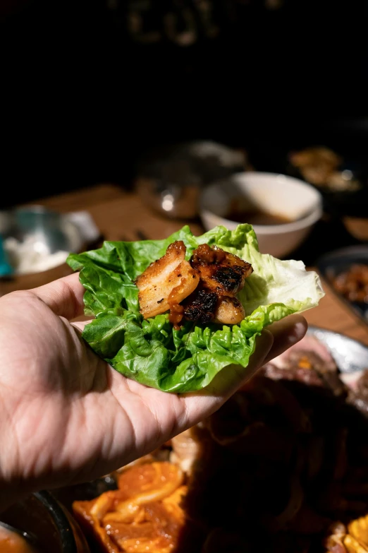 a person holding a piece of lettuce in their hand, by Jason Felix, grilled chicken, bao phan, slide show, square