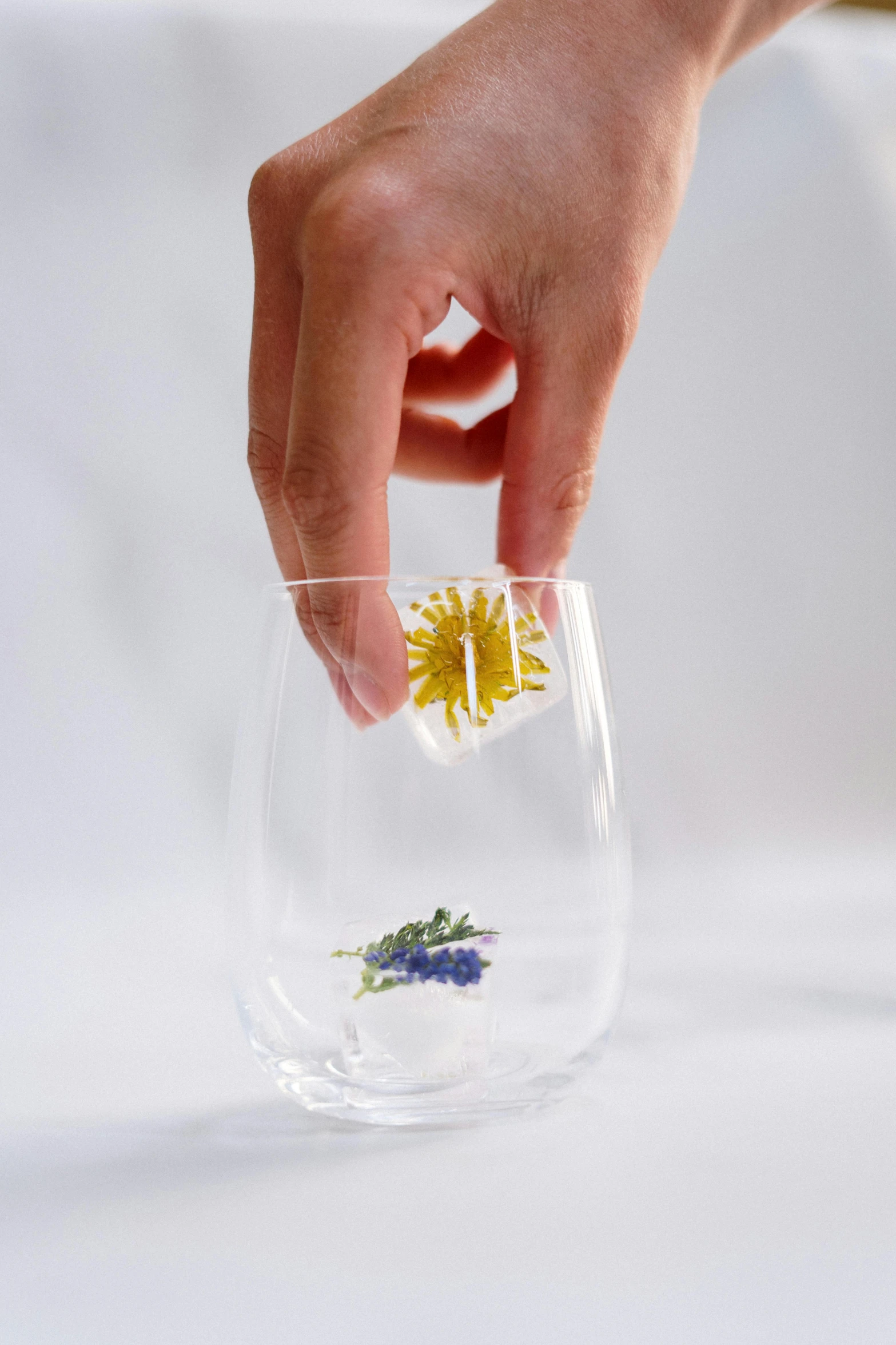 a person holding a glass with a flower in it, soft volume absorbation, carefully crafted, detailed product image, opening shot