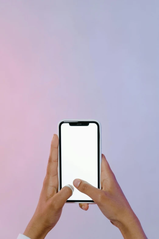 a person holding up a smart phone with a white screen, by Carey Morris, trending on pexels, color field, pastel hues, 16k resolution:0.8, reflective gradient, rounded corners