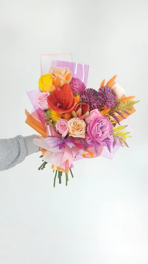 a person holding a bunch of colorful flowers, inspired by François Boquet, pink and orange, on clear background, wrapped in flowers, tasty