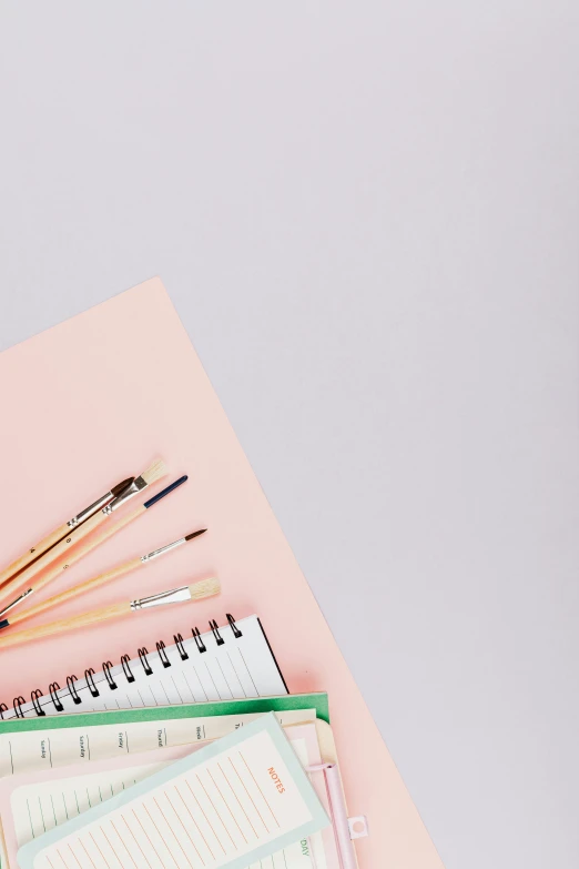 a stack of notebooks sitting on top of a pink table, a minimalist painting, trending on pexels, holding paintbrushes, flat lay, on clear background, multiple stories