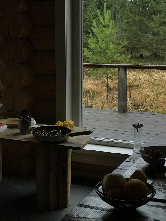 a bowl of fruit sitting on a table in front of a window, a picture, cabin in the woods, hammershøi, low quality photo, overheard camera view of kitchen