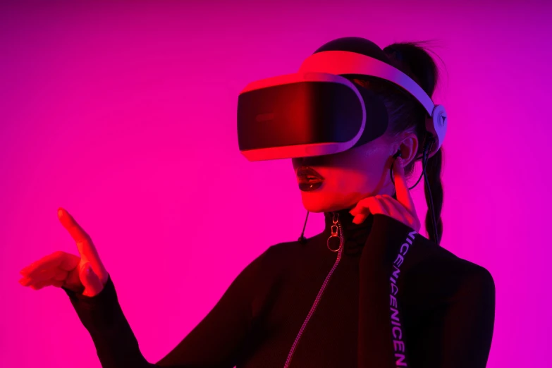 a woman wearing a virtual reality headset, inspired by David LaChapelle, unsplash, neon pink and black color scheme, ((raytracing)), cyberpunk ikea, purple ambient light