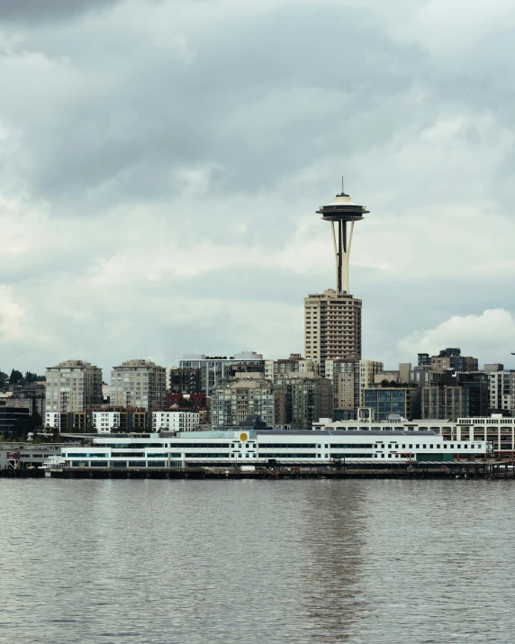 a large body of water with a city in the background, by Jessie Algie, pexels contest winner, the space needle, non-binary, retro style ”, gray skies