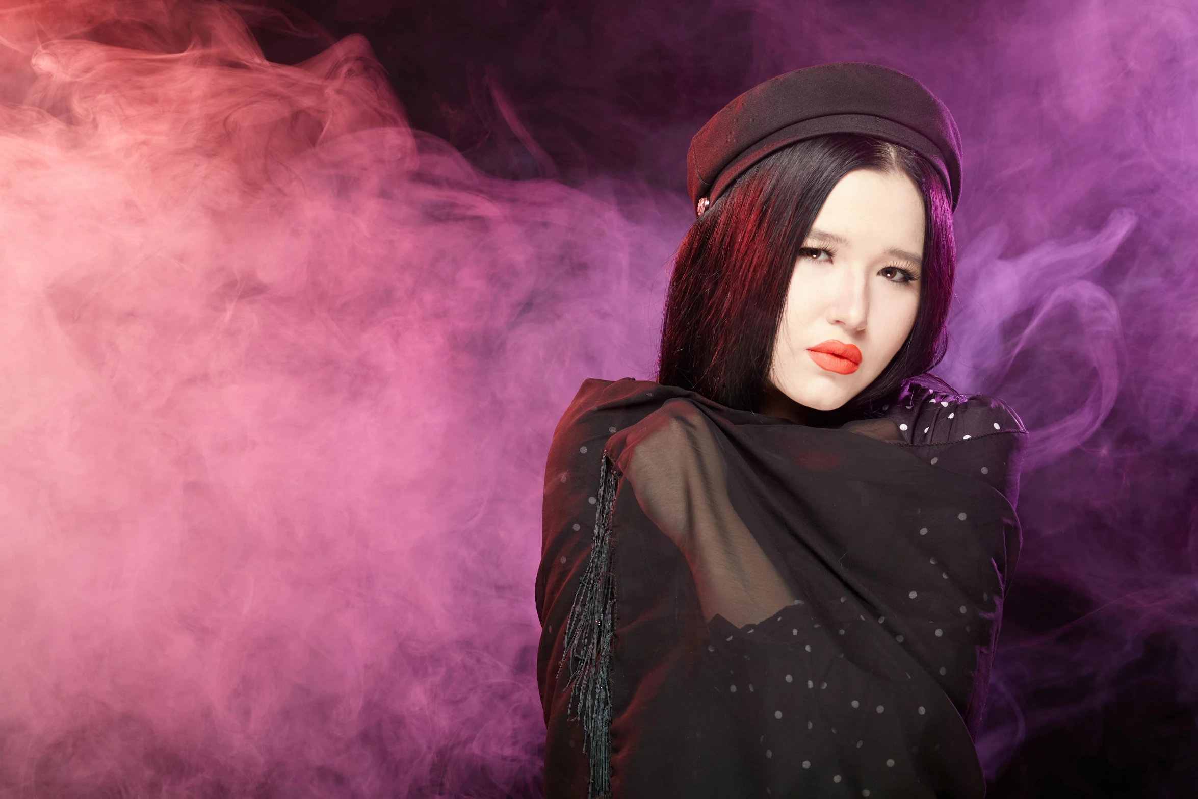 a woman that is standing in the smoke, an album cover, inspired by Wang Meng, purple and black clothes, portrait image, lipstick, iray