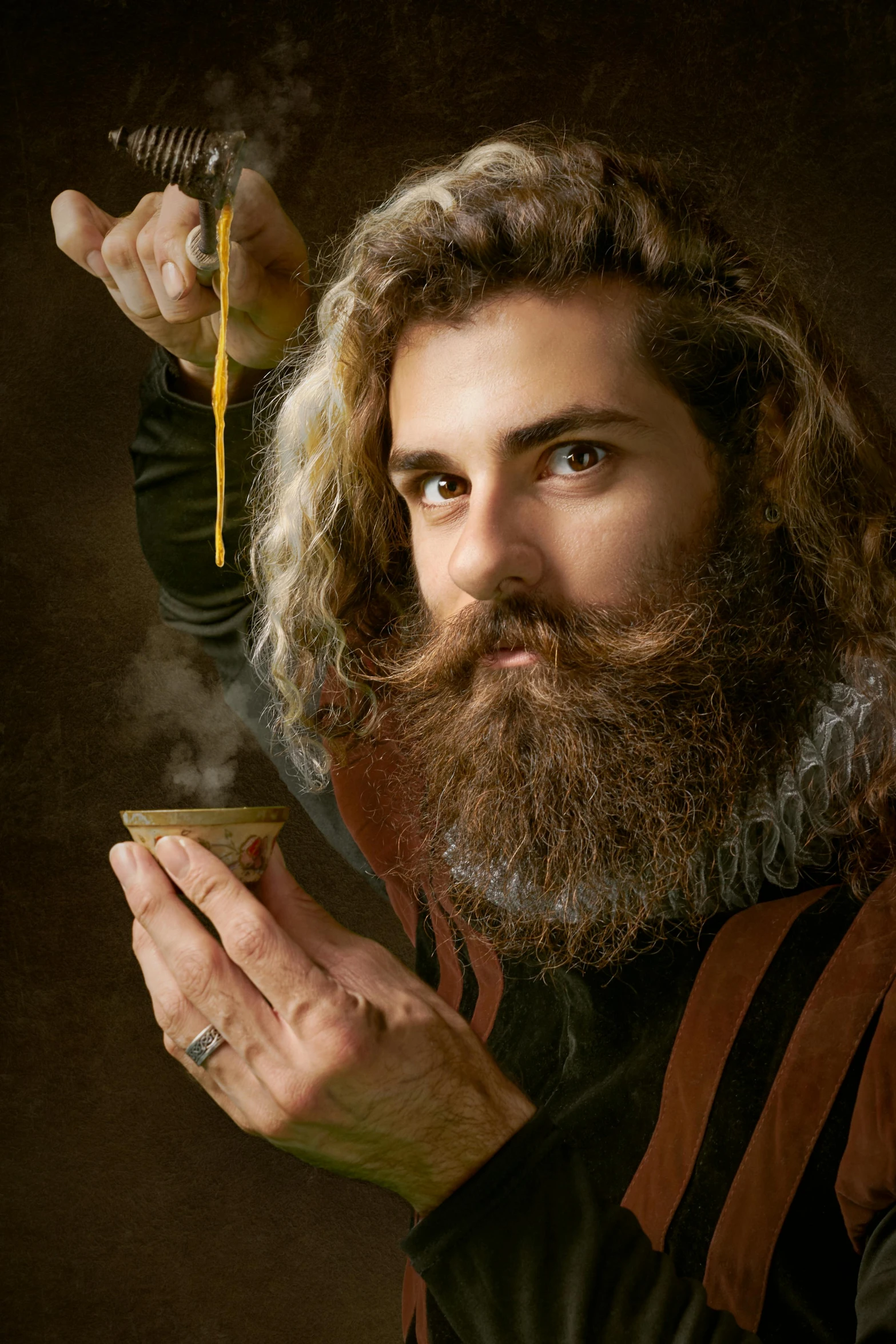 a man with a beard holding a cup of coffee, a photorealistic painting, inspired by Leonardo da Vinci, trending on pexels, renaissance, casting a spell on a potion, baroque hair, neo rauch and nadav kander, a medieval