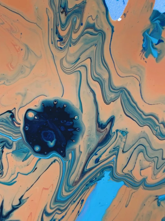 a close up of a painting of a body of water, trending on unsplash, some orange and blue, made of liquid, swirly, blue sand