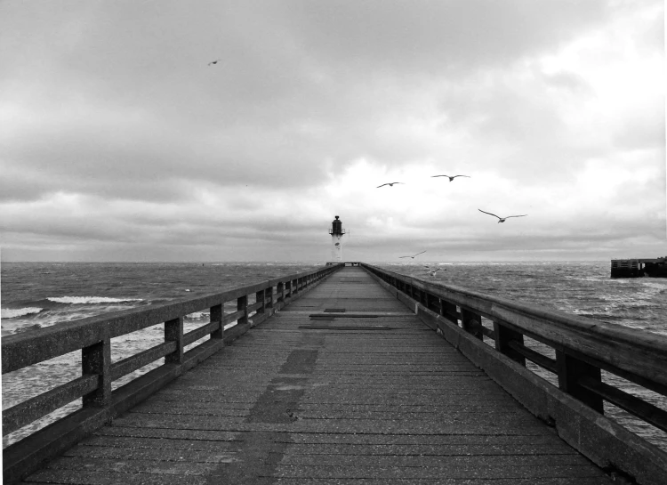 a black and white photo of a pier, by Colijn de Coter, birds flying in the distance, lighthouse, photographic print, fineartamerica