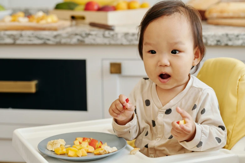 a baby sitting in a high chair eating food, pexels contest winner, mingei, plates of fruit, cocky expression, manuka, janice sung