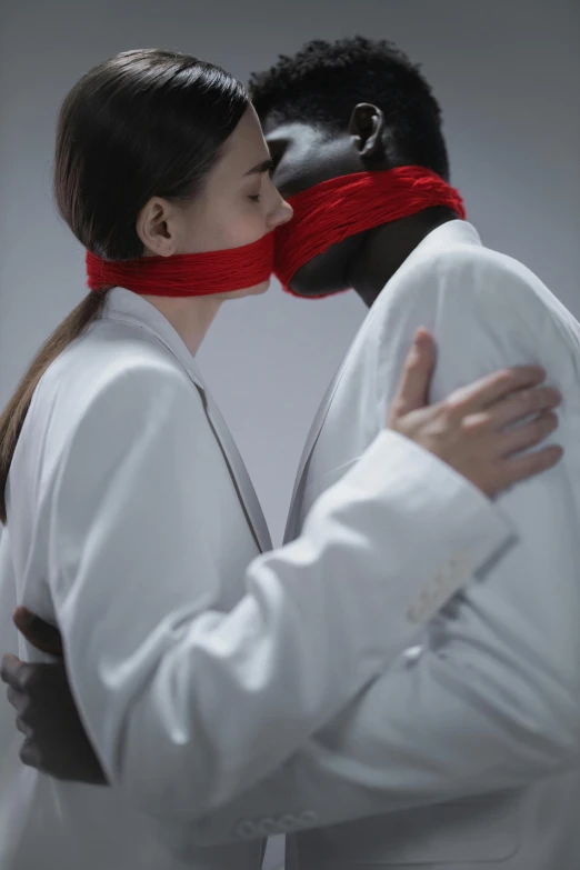 a man and a woman are tied up to each other, inspired by Vanessa Beecroft, pexels contest winner, romanticism, white red, aikido, face covered, adut akech