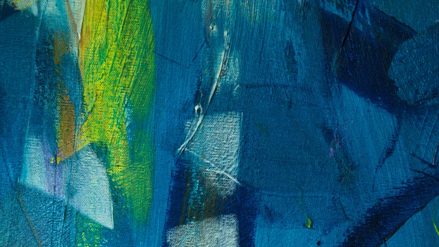 a close up of a painting on a wall, inspired by Peter Lanyon, pexels, abstract art, bright deep blue, some yellow green and blue, medium closeup, (abstract)