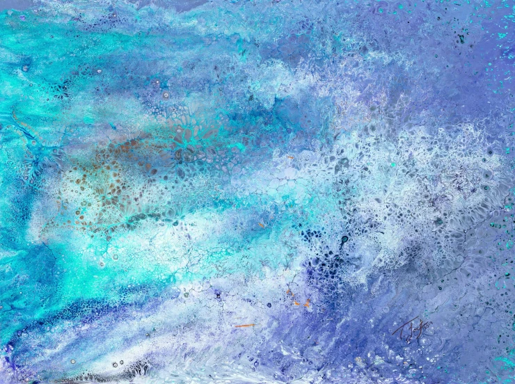 a close up of a painting of a person on a surfboard, an abstract painting, inspired by Howardena Pindell, trending on deviantart, lyrical abstraction, blue and purple colour scheme, water is made of stardust, digital art - n 9, blue and silver colors