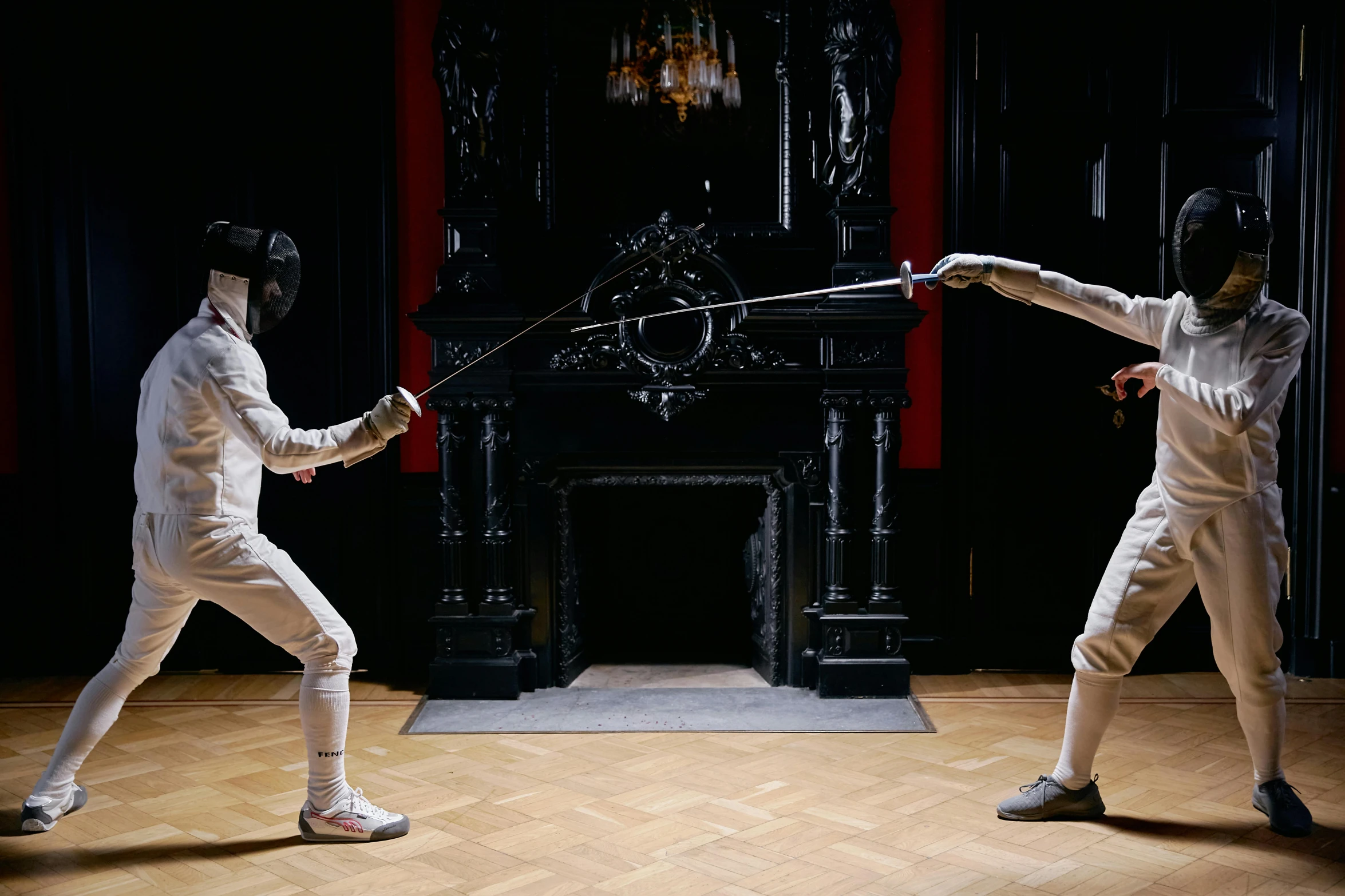 a couple of men standing on top of a wooden floor, pexels contest winner, renaissance, fencing, inside a grand, silver, thumbnail