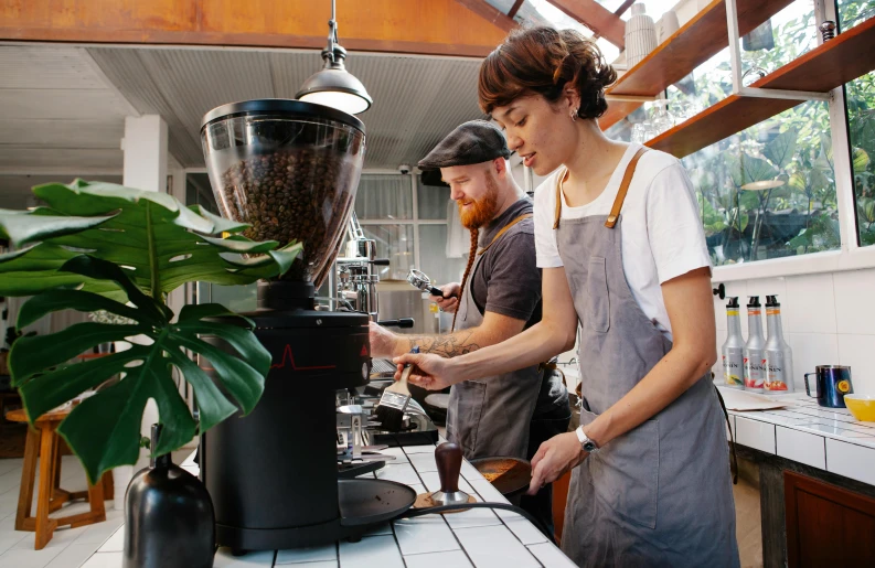 a couple of people standing in front of a coffee grinder, lush vista, plating, fully functional, botanicals